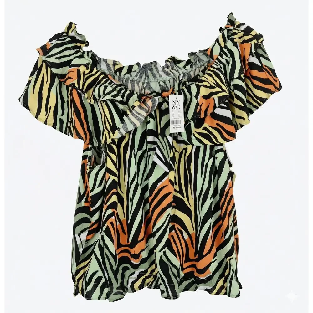 NWT New York & Company Women XL Safari Resortwear Maximalist Off Shoulder Blouse